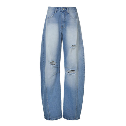 Retro Washed Ripped Banana Pants Summer Street Casual High Street Fashionable Loose Denim Trousers Women No Belt