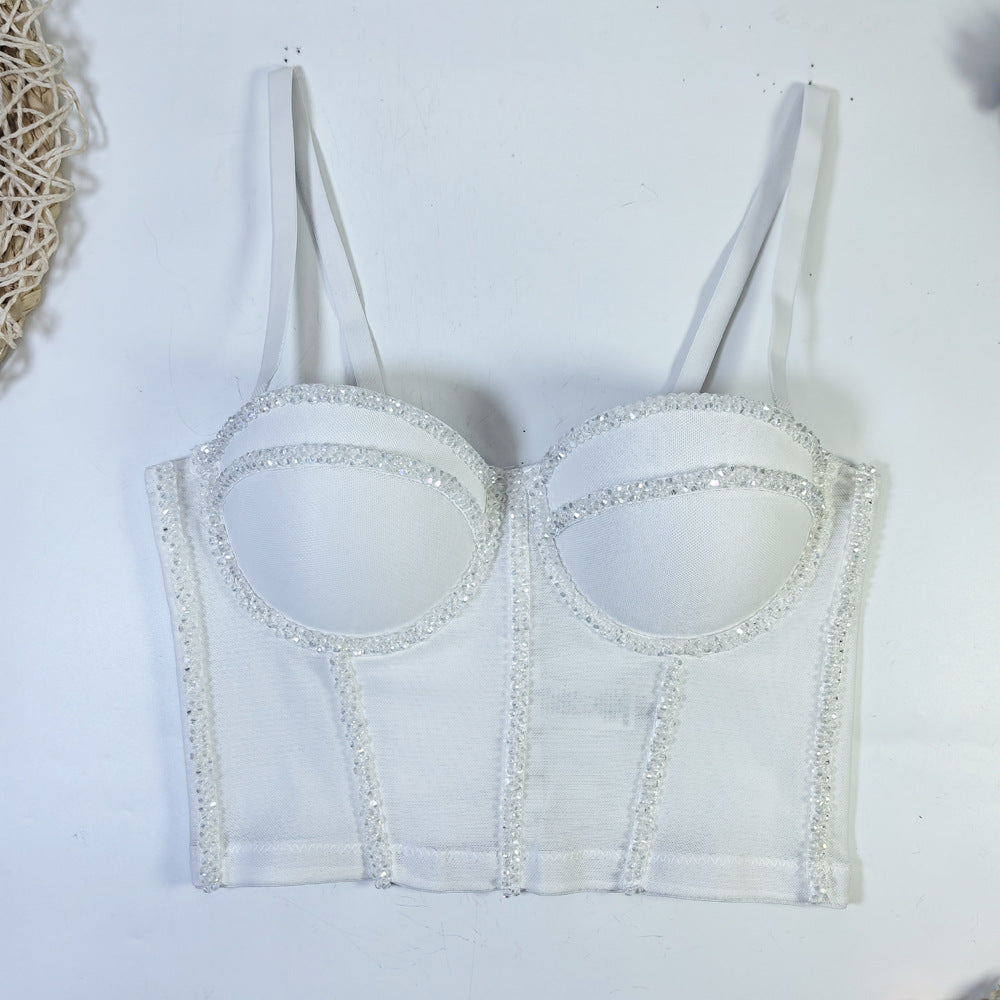 Sexy Beaded Mesh Bra Outer Wear Body Shaping Boning Corset Strap Crystal Tube Top