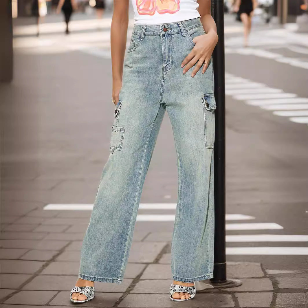 Retro Large Workwear with Pocket Jeans Women High Street Fashionable Loose Wide Leg Pants Spring Clothing