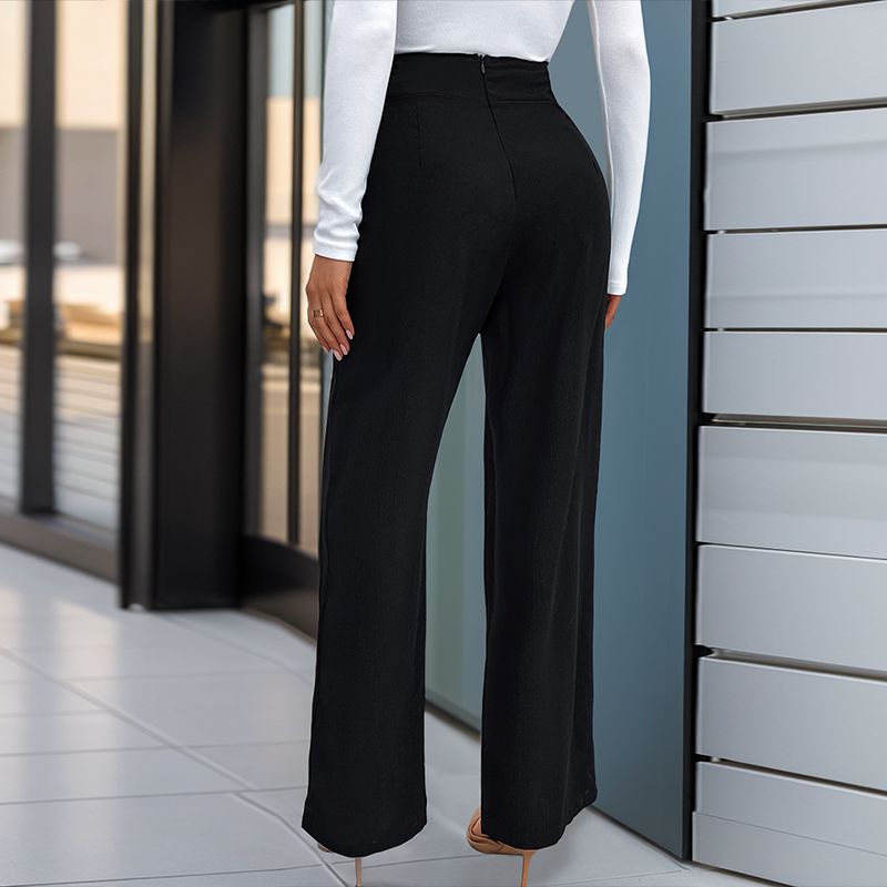 Fall Women Clothing Solid Color With Buckle High Waist Straight Pants