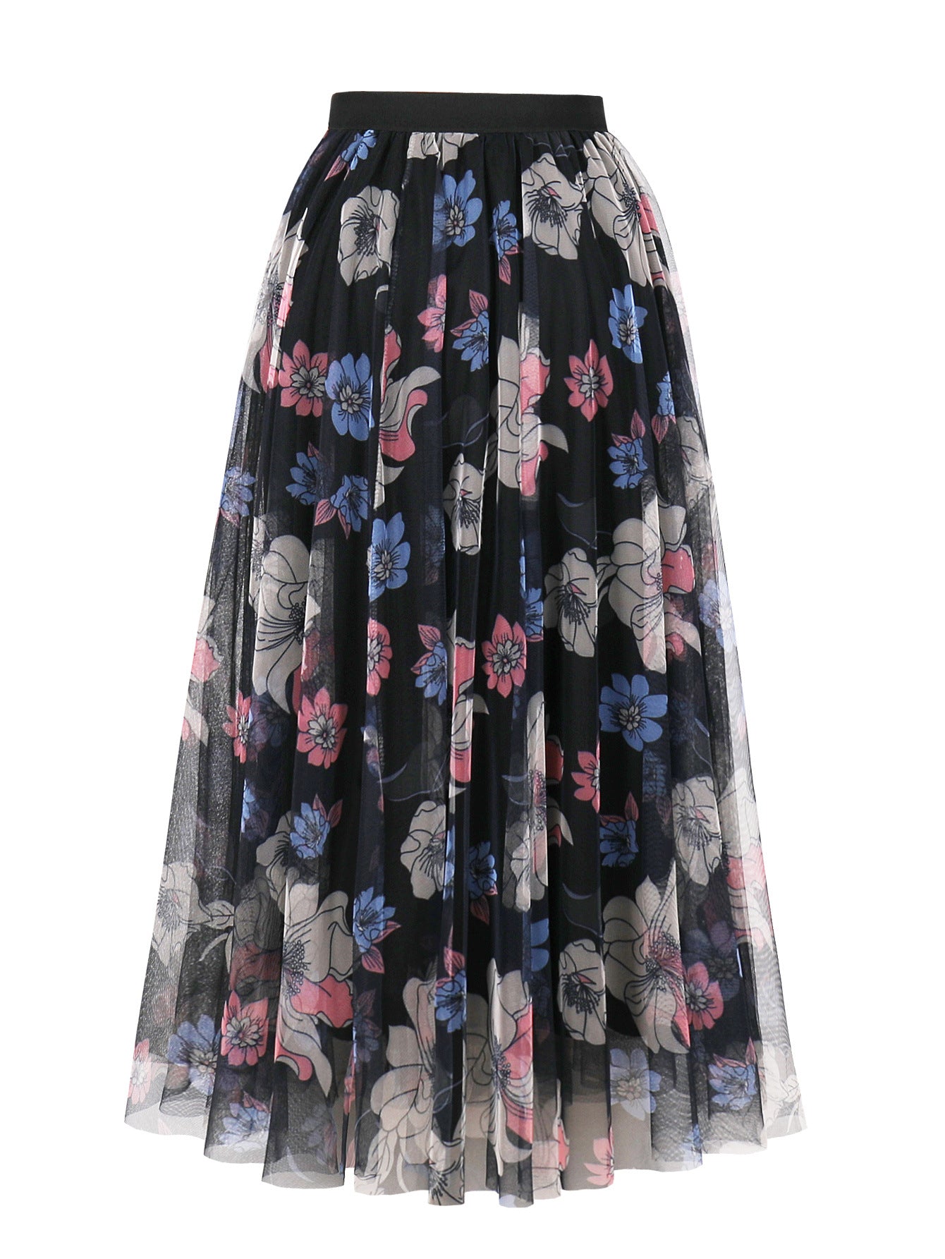 High End Women Clothing Printed Mesh Skirt Tiered Dress Wide Hem Flowy Midi Skirt