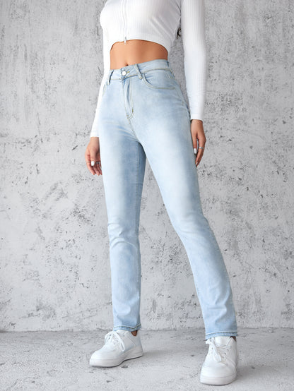 Summer Women Jeans Simple Slim Straight Light Blue Trousers Preferred