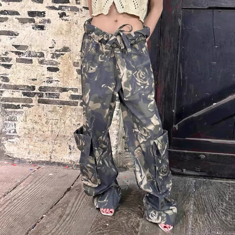 Camouflage-Tasche Patchwork Cargohose Damen Sexy Retro Distressed Leicht gewebte lässige gerade Hose