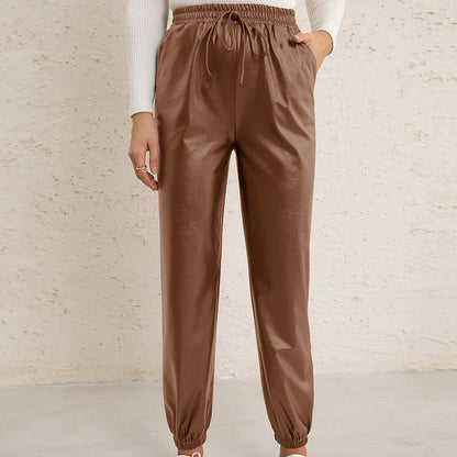 Loose Casual Biker Leather All-Matching Trousers Elastic Waist Faux Leather Ankle-Tied Leather Pants Women