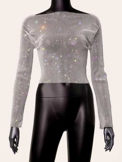 T-shirt strass pour femmes, vêtements populaires en maille strass Disco à manches longues