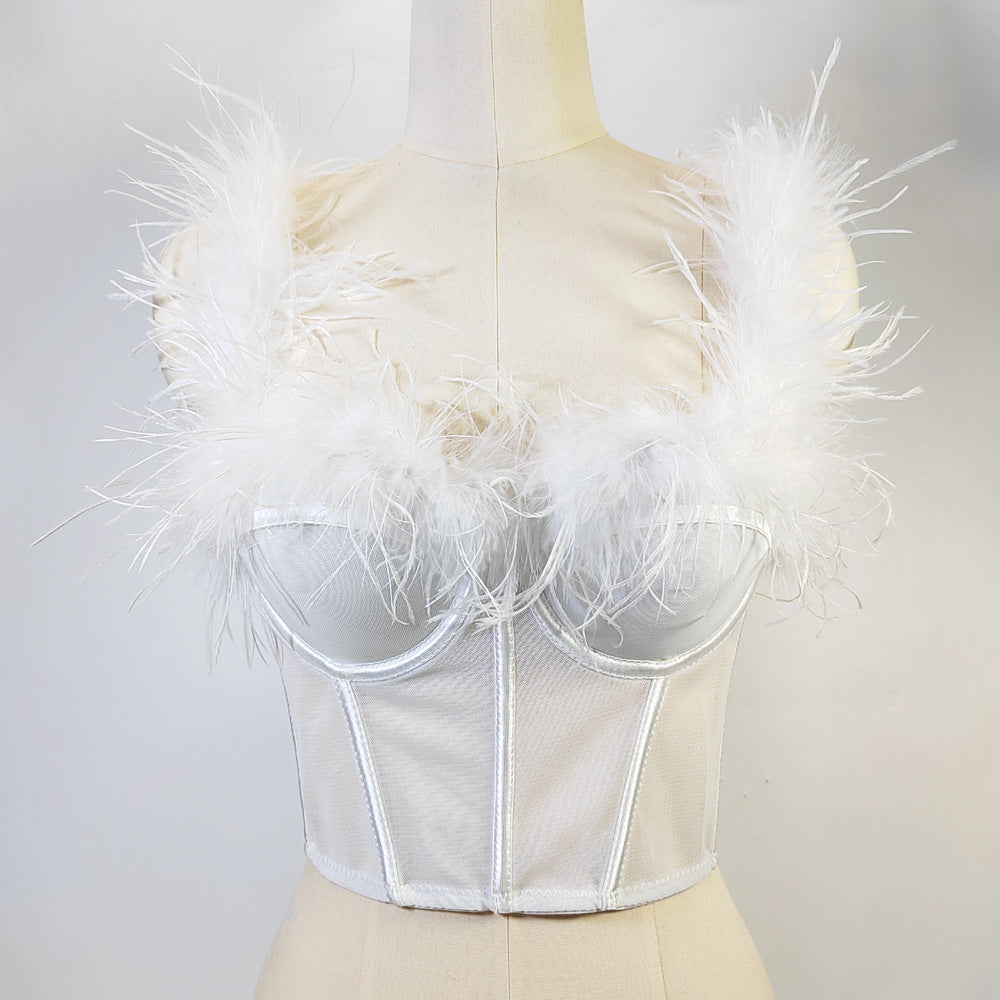 Corset tubulaire en fourrure d'autruche de haute qualité avec armatures et cordon de serrage, coupe slim, dos nu, avec plumes, diffusion en direct