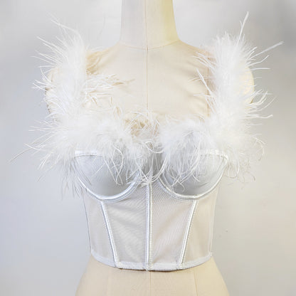 Corset tubulaire en fourrure d'autruche de haute qualité avec armatures et cordon de serrage, coupe slim, dos nu, avec plumes, diffusion en direct