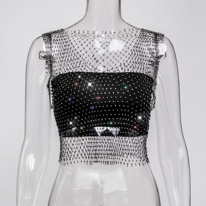 Gilet en maille diamant sexy découpé pour boîte de nuit disco pour femme