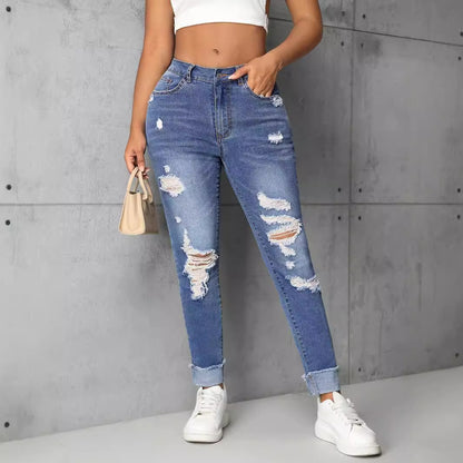 Vêtements pour femmes Pantalon en denim skinny droit déchiré à la mode