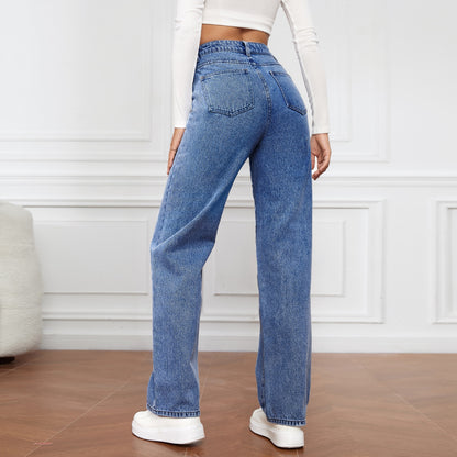 Jean taille haute délavé pour femme, pantalon long à jambe droite