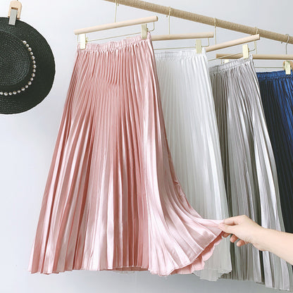 Metallic Coated Fabric High Waist Satin Pleated Skirt Spring Summer Women Retro Mid-Length Slimming A- line Skirt