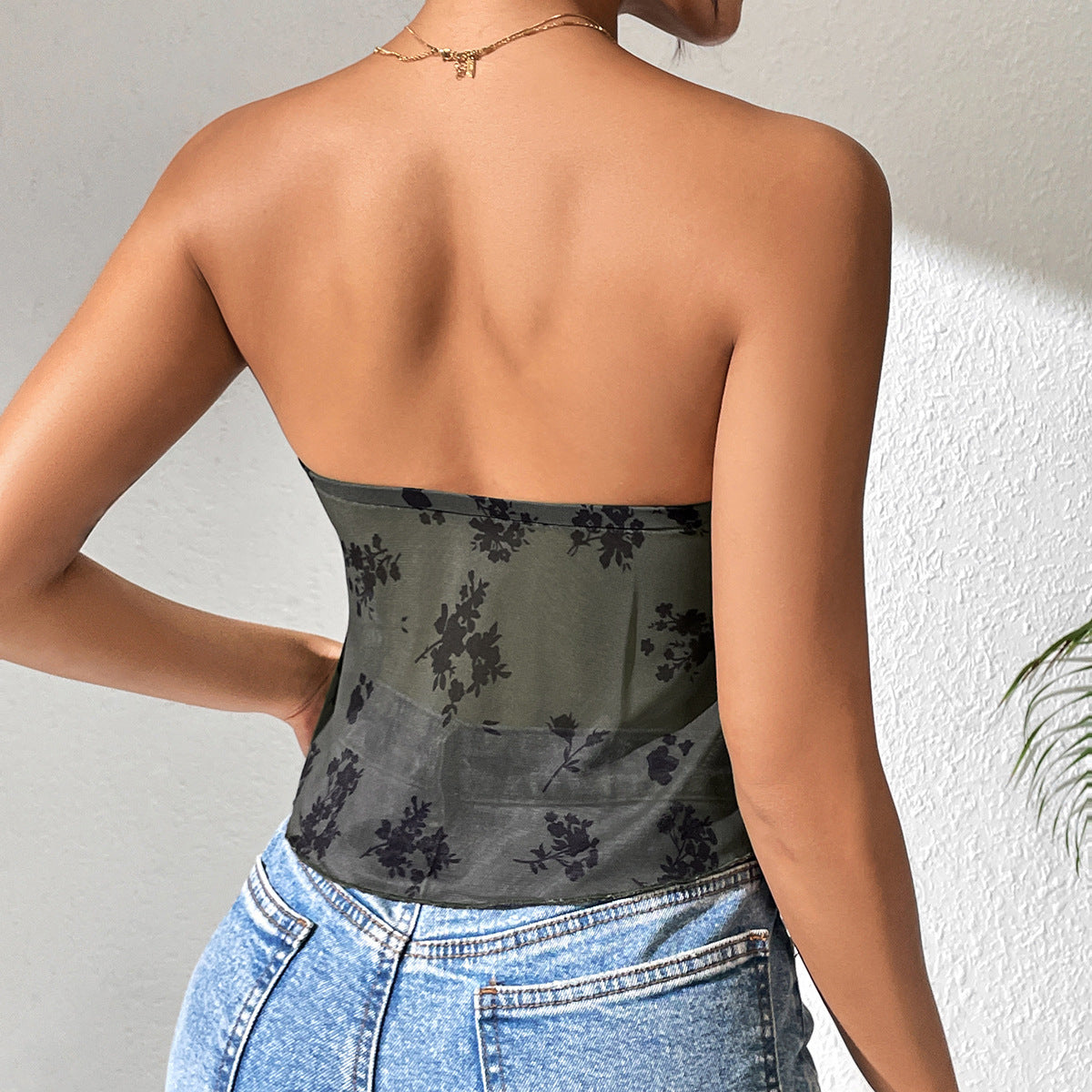 Sommer-Trägershirt mit gedrehten Trägern, sexy, sexy Tube-Top aus Netzstoff mit Blumendruck