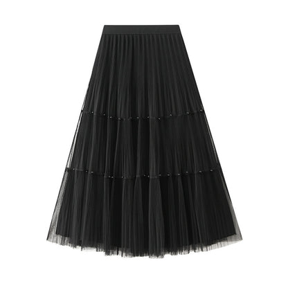 Double Sided Beaded Tulle Skirt Skirt Women Autumn Winter High Waist Pleated Skirt Dress Midi Dress