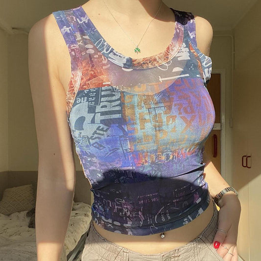 Cyberpunk Technology Print Personality Mesh Vest Sexy Sexy See Through Niche Slim Fit Short Top