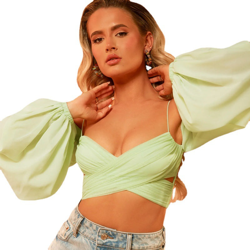 Sommer-Top mit schulterfreiem Schnitt, Tube-Top, Sling, kurzes Netz-Chiffon-Top mit Aussparungen für Damen