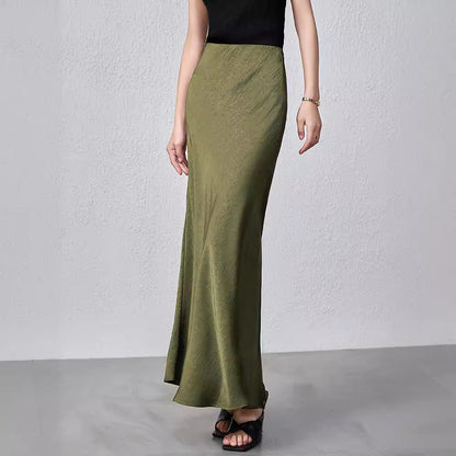 Women Clothing Summer Satin Skirt High Waist Elastic Hand-Held Pattern Long Skirt Elegant Solid Color Long Skirt