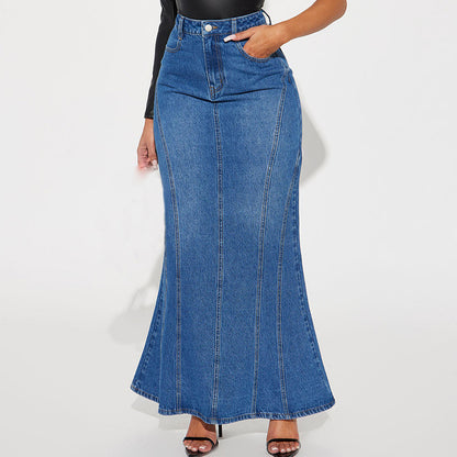 Elastic Denim Skirt Long Skirt