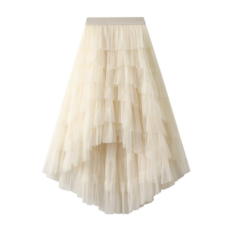 Unregelmäßiges asymmetrisches Stufenkleid Hohe Taille Mesh Rock Pettiskirt Damen Gaze Rock Feenkleid