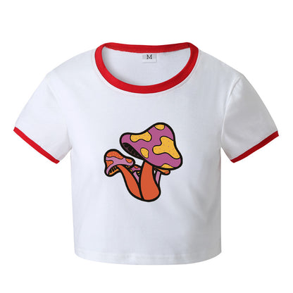 Women Clothing Summer New tagram Mesh Red Mushroom Printed Slim Fit Short Sleeved T shirt