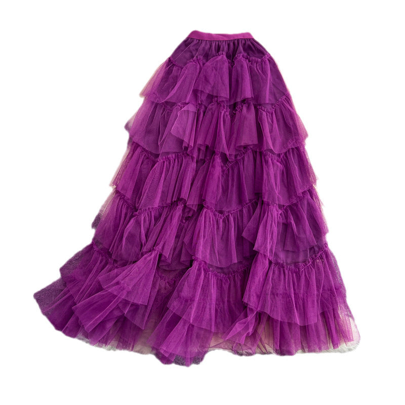 Early Spring Mesh Puffy tiered Mid-Length Elastic Waist Skirt Irregular Asymmetric Gauze Skirt Fairy Skirt