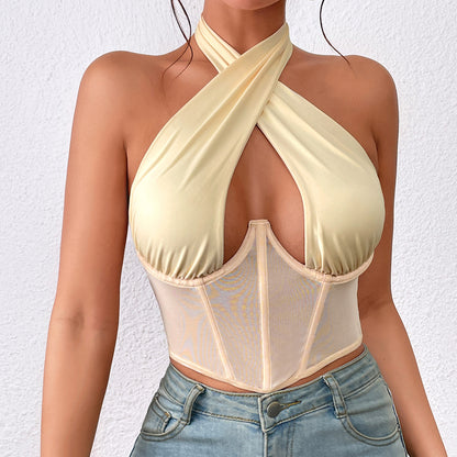 Top Stitching Mesh Perspektive Sexy Sexy Cross Neckholder Boning Korsett Korsett Frauen