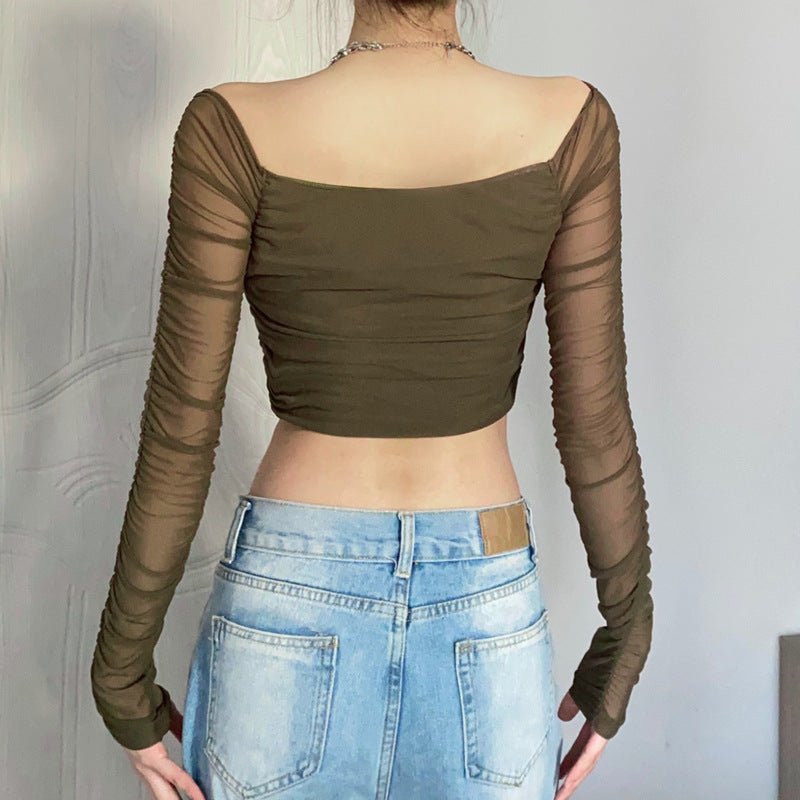 T-shirt à manches longues en maille plissée sexy pour femme