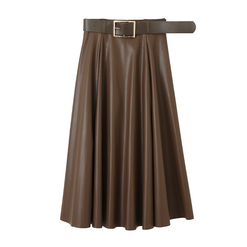 Jupe taille haute mi-longue pour femme, jupe trapèze en cuir, jupe parapluie, automne-hiver