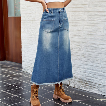 Women Clothing Spring Summer Washed Frayed Hem Denim Skirt Midi