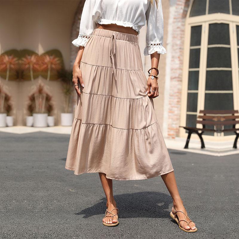 Cross-Border Summer Skirt Ruffled Pleated Solid Skirt