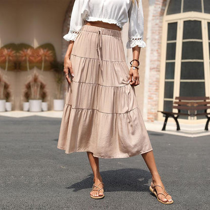 Cross-Border Summer Skirt Ruffled Pleated Solid Skirt