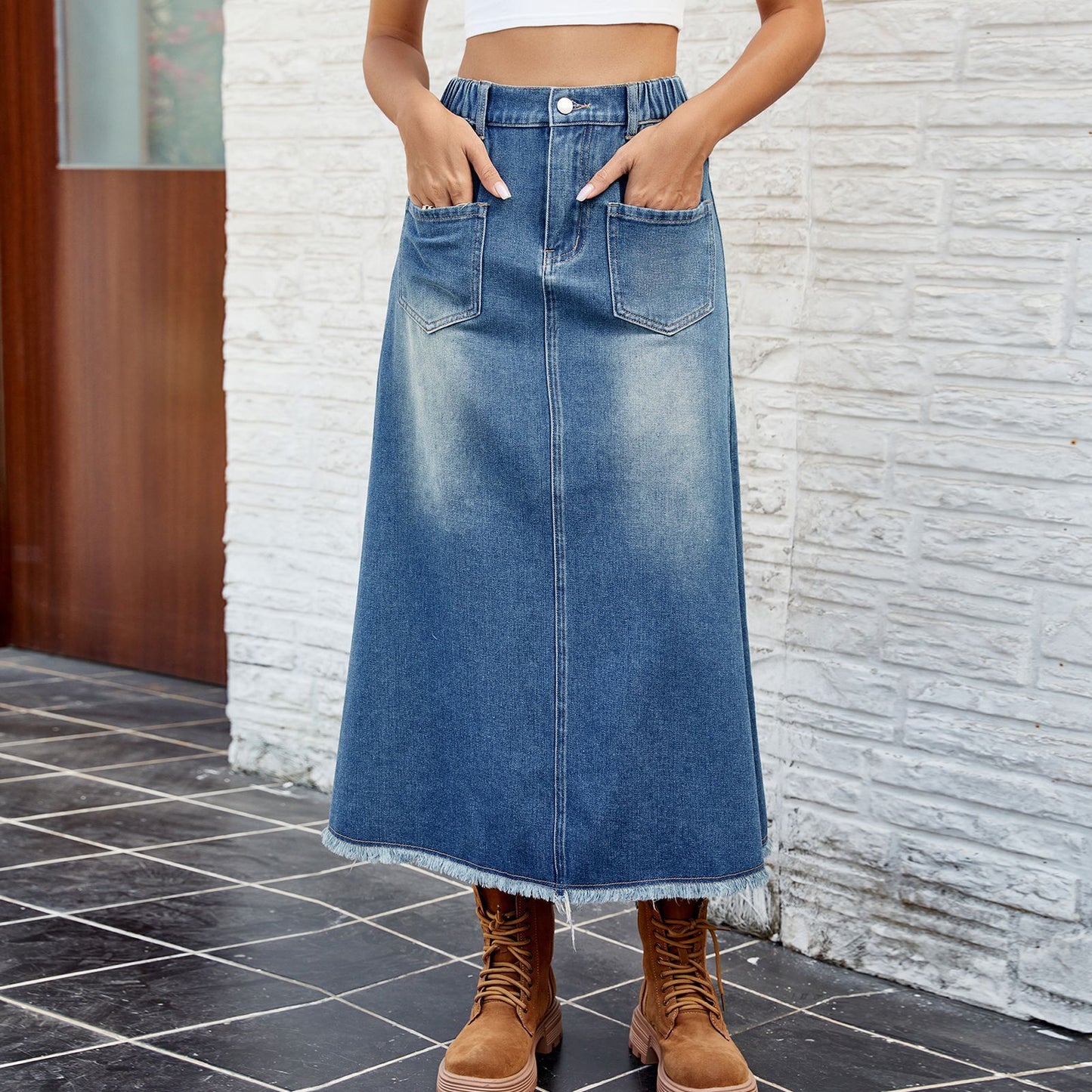 Women Clothing Spring Summer Washed Frayed Hem Denim Skirt Midi