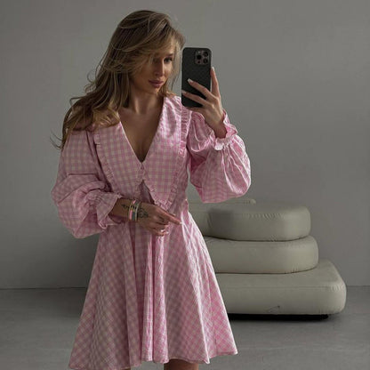 Robe trapèze rose à carreaux et col papillon pour femme, tenue de bureau, manches longues