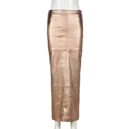 Metallic Coated Fabric Slim Fit Sheath Patchwork Slit Bright Leather Women Skirt