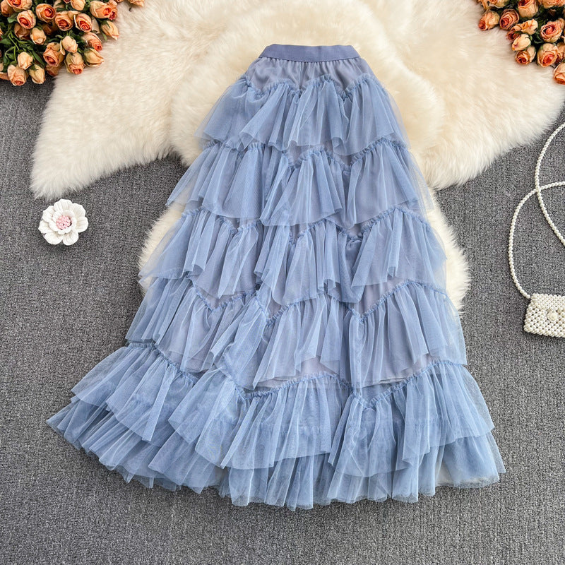 Early Spring Mesh Puffy tiered Mid-Length Elastic Waist Skirt Irregular Asymmetric Gauze Skirt Fairy Skirt