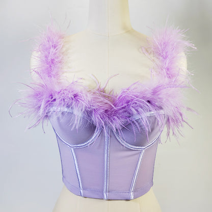 Corset tubulaire en fourrure d'autruche de haute qualité avec armatures et cordon de serrage, coupe slim, dos nu, avec plumes, diffusion en direct