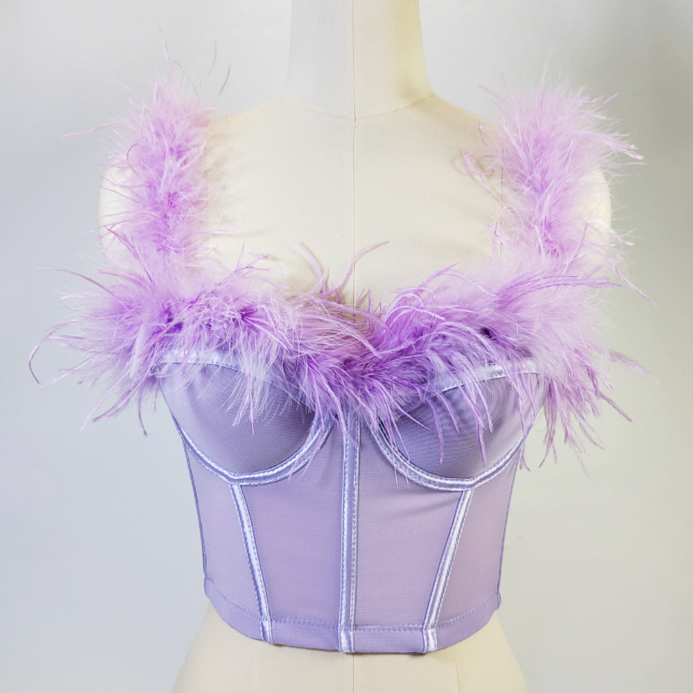 Corset tubulaire en fourrure d'autruche de haute qualité avec armatures et cordon de serrage, coupe slim, dos nu, avec plumes, diffusion en direct