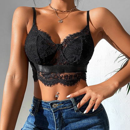 Spitze Spleißen Sling Weste Frauen Nachtclub Sexy Bare Back Mesh Wimpern