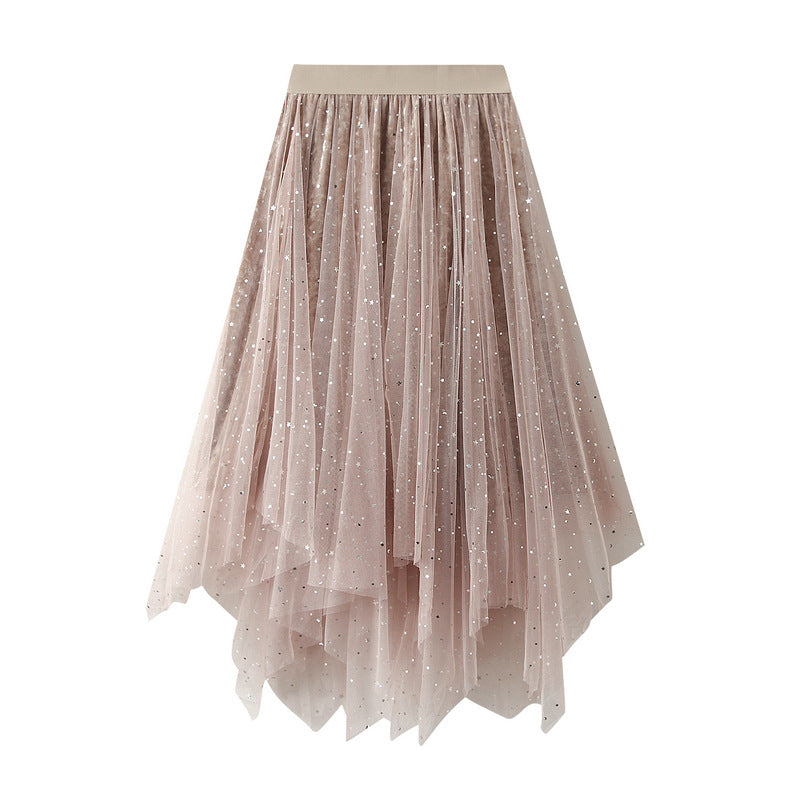 Puffy Starry Sky Mesh Skirt Autumn Korean Irregular Asymmetric Velvet Dress Mid Length Women