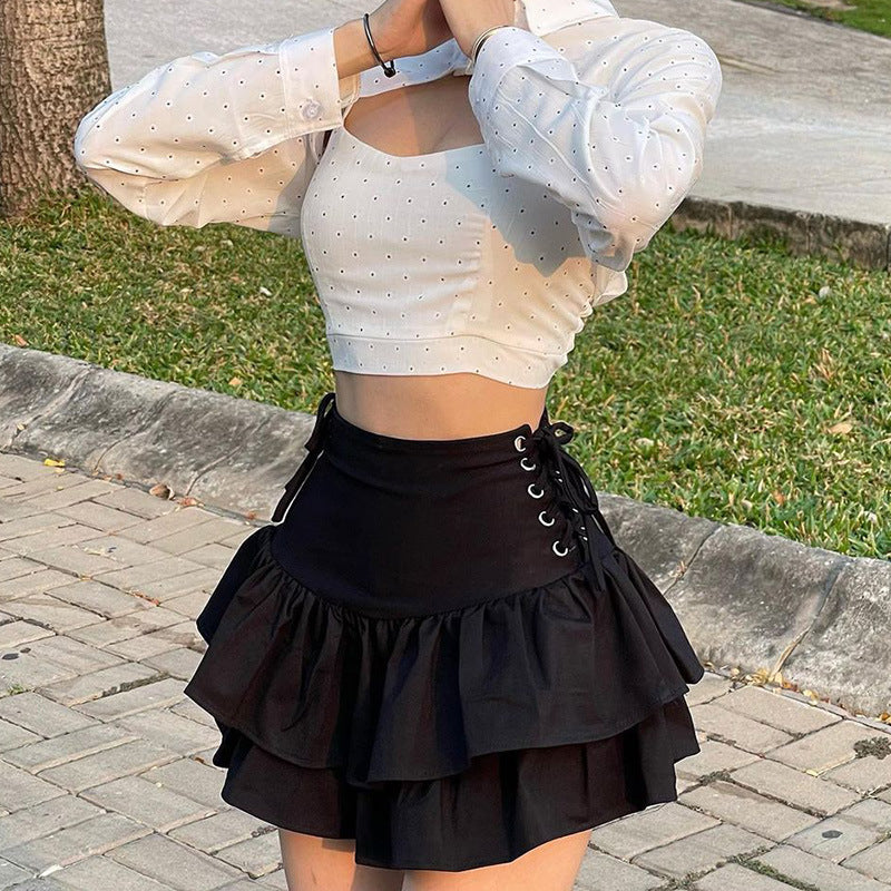 Double Layer Skirt Lace up Waist Skirt Spring Black Sexy Shrink Skirt