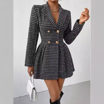 Manteau d'hiver à carreaux pour femme, col en V, manches longues, robe de bureau