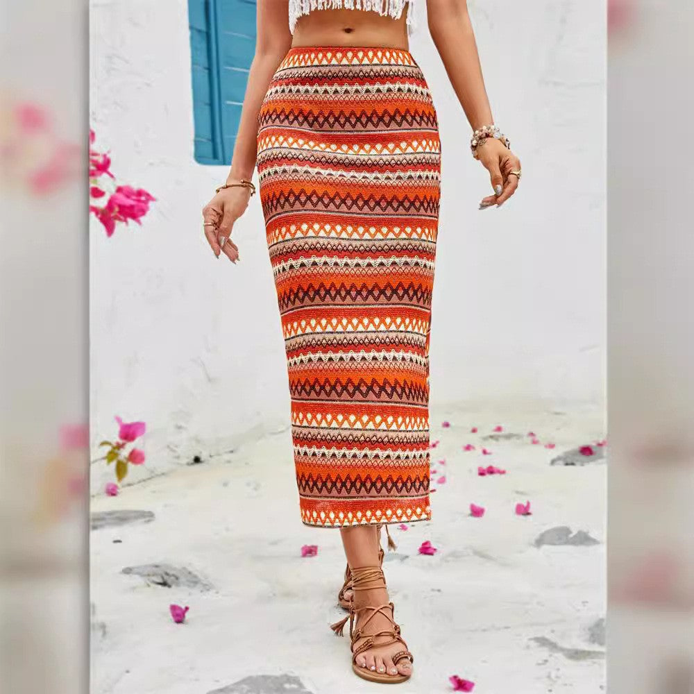 Ethnic Knitted Contrast Color Stretch Slim Fit Slit Skirt Elegant Office Skirt Women Skirt