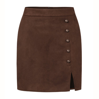 Autumn Winter Women Solid Color Suede Skirt High Waist Metal Buckle Hip Skirt