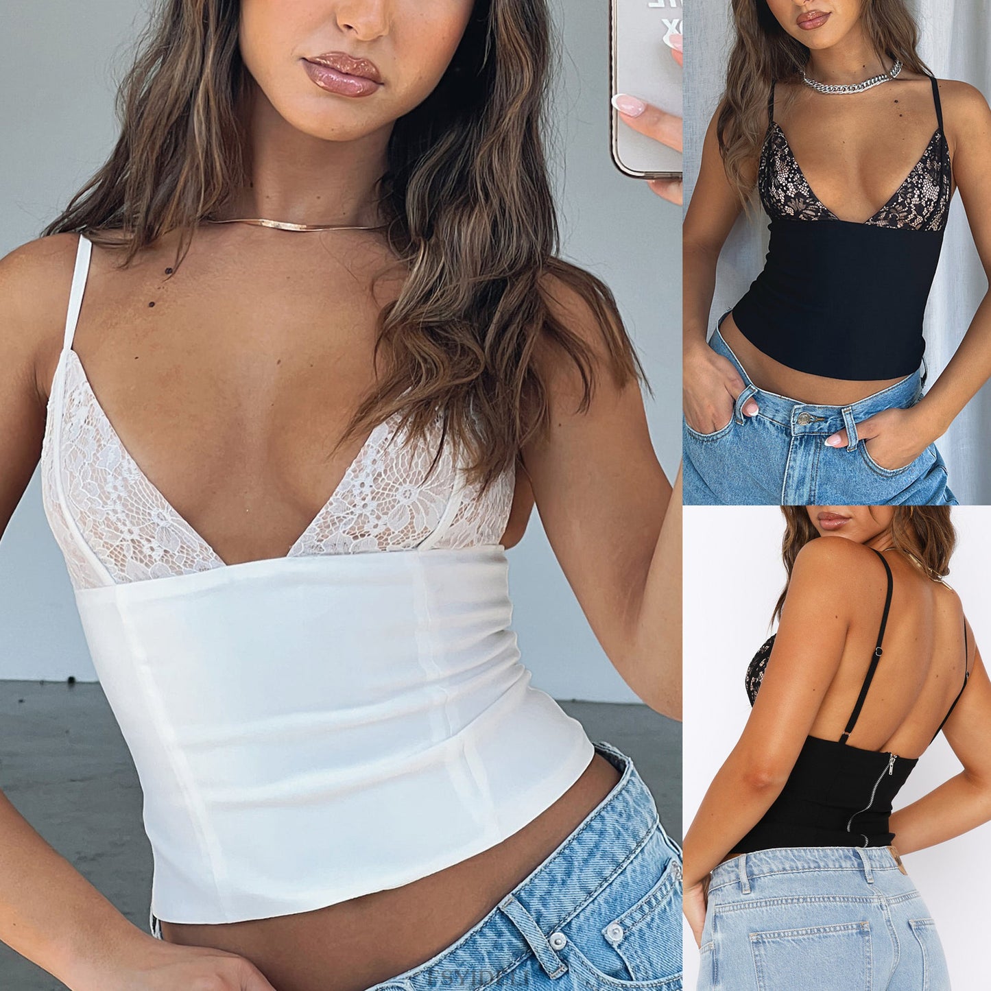 Sommer Frauen Sling Beliebte Spitze Mesh Patchwork Sling Sehen durch Backless Sexy Kurze Top