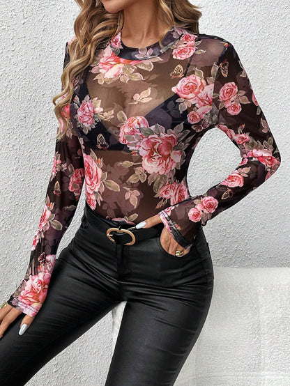 Herbst Winter Elegante Rose Blumendruck Kleine Stehkragen Gaze Schlank Top Frauen Kleidung