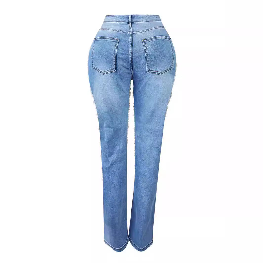 Sexy Summer Pants Ripped Heavy Industry Beads Beaded Stretch Jeans Trousers Women Jeans