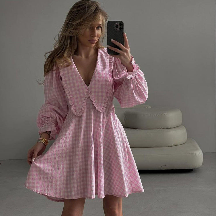 Robe trapèze rose à carreaux et col papillon pour femme, tenue de bureau, manches longues