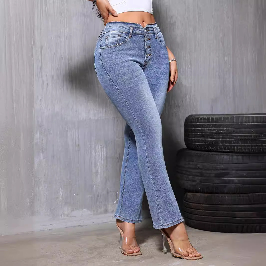 Sommer High Waist Bootcut Jeans Damen Modische Stretch Slim Fit Gerade Lautsprecherhose