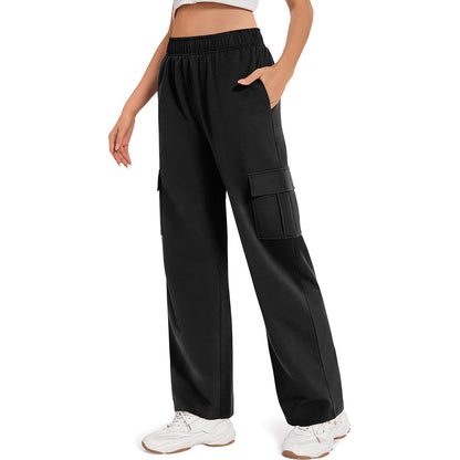 Popular Overalls Women Casual Loose Jogger Pants Elastic Waist Wide Leg Pants Pocket