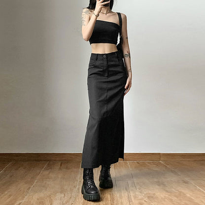 Fall Women Clothing Solid Color Slim High Waist Street Fashionable with Side Slit Sexy Skirt