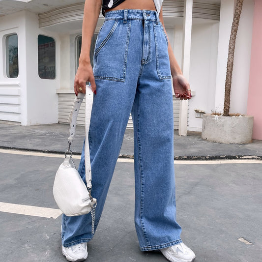 Vêtements pour femmes Pantalon en jean décontracté à jambe droite et taille haute avec grande poche pour l'été